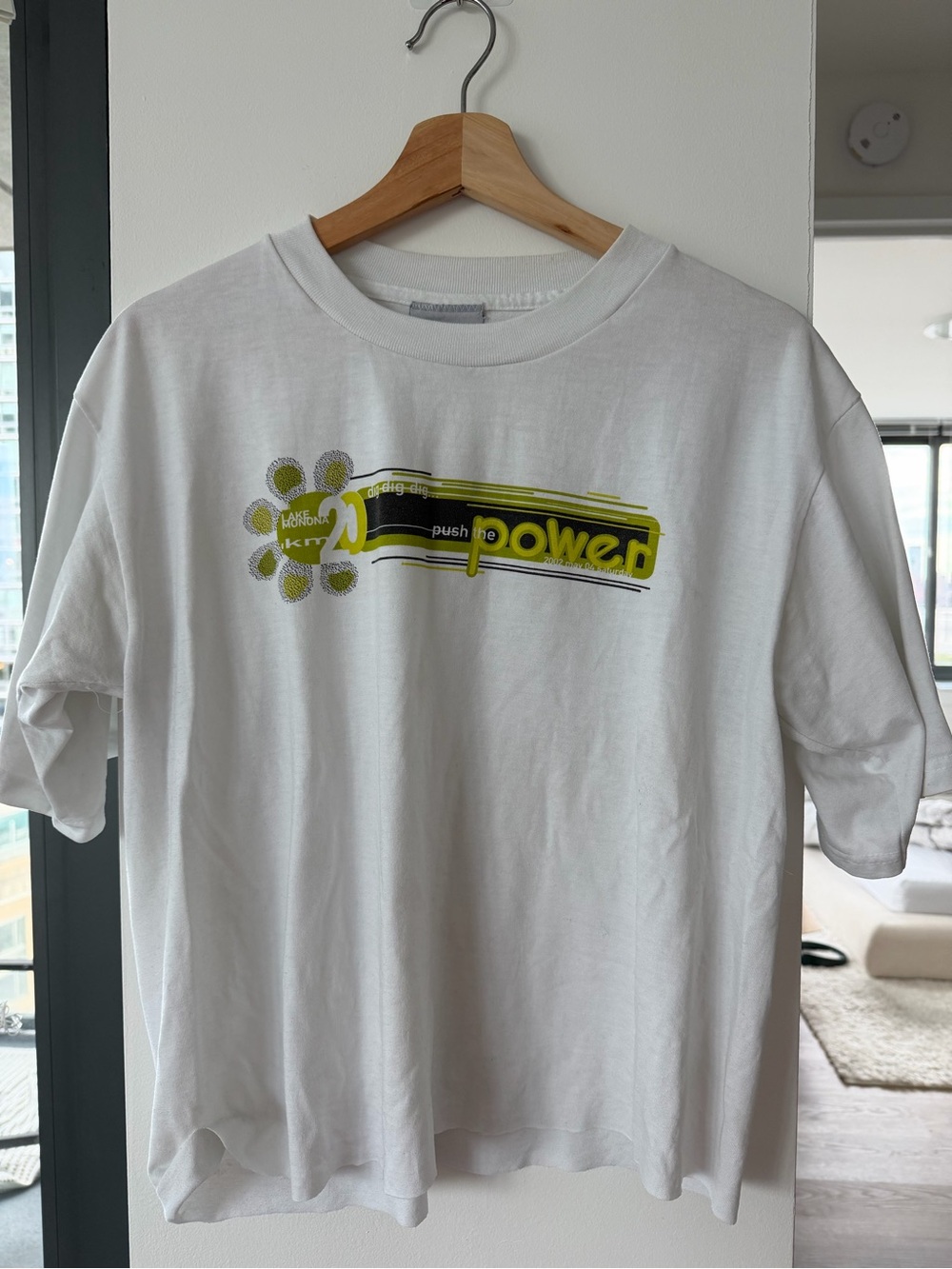 Vintage White Tee with Neon Yellow-Green "Power" Graphic